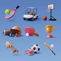 Deurstickers Collection of 3d sport icon collection isolated on blue, Sport and recreation for healthy life style concept © Kannapat