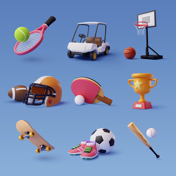 Collection of 3d sport icon collection isolated on blue, Sport and recreation for healthy life style concept