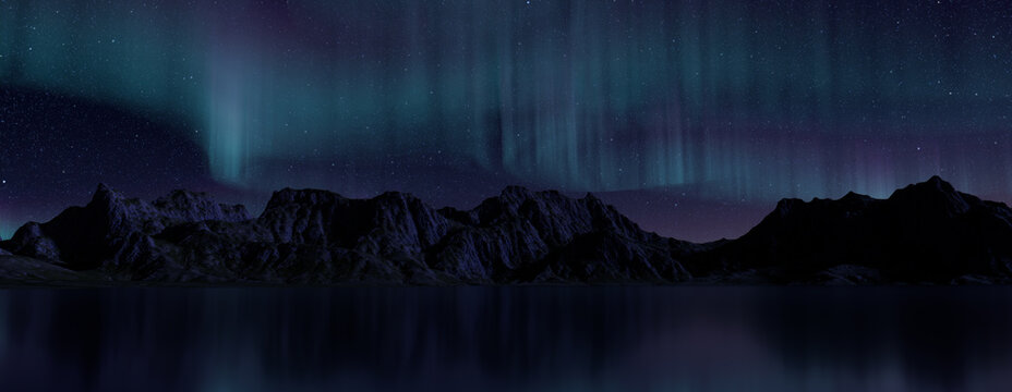 Rugged Landscape with Aurora Sky. Blue Sky Wallpaper with copy-space.