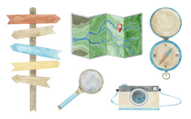 Camping elements watercolor hand drawn illustration. Travel clipart elements set isolated on white background. Road sign, travel map, compass, magnifing glass, camera.