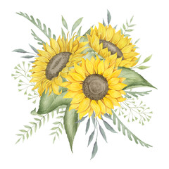 Sunflower bouquet watercolor hand drawn illustration. Botanical clipart element isolated on white background.