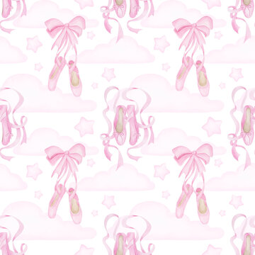 Girl pink dance pointes background. Ballet shoes girl seamless pattern. Dance wallpaper.