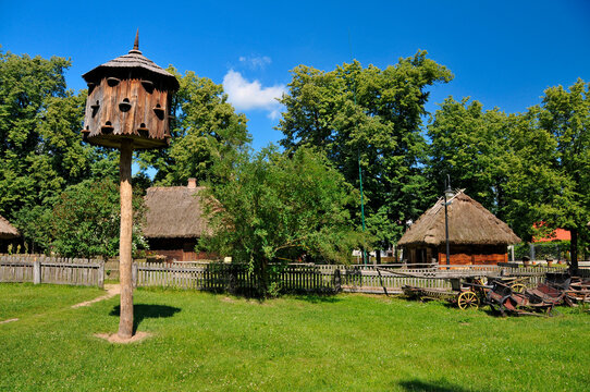Museum of Agriculture in Ciechanowiec, Podlaskie voivodeship, Poland. Wooden cottages, garden, mill, church and other devices used to use by Pollish farmers.