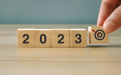 The word 2023 on a wooden block. New year concept. End of the year. Goal setting.  A new beginning