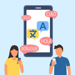 Language translation via mobile app in flat design.