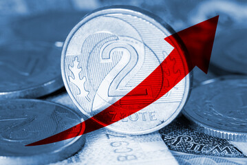 Wirtschaft in Polen, Münze Polnische Zloty PLN und Pfeil nach oben