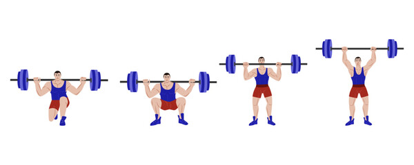 Exercises with a barbell. A set of vector illustrations of the process of lifting the barbell. A man lifts a barbell. Flat illustrations isolated on a white background.