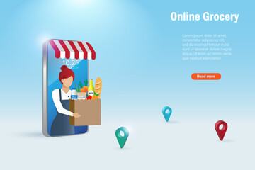 Online grocery delivery service on smart phone app. Woman giving grocery bag on smartphone to customer. Template, platform, banner for online grocery shopping.