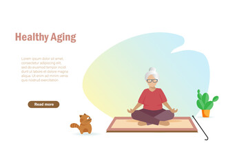 Active senior grandma doing meditation in lotus pose at home. Healthy aging and elderly health care concept.