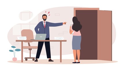 Concept of unemployment. Boss kicks out subordinate, unsuccessful employee. Angry chief scolding worker. Fired sad woman in office, metaphor of jobless, career. Cartoon flat vector illustration