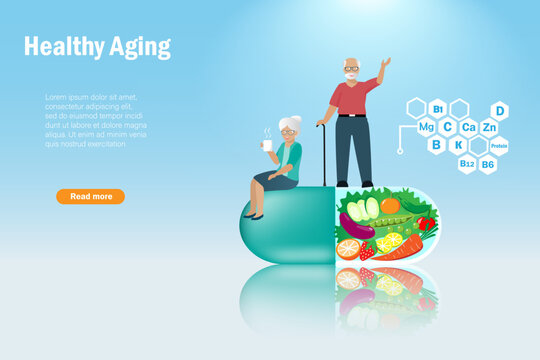 Active senior couple on supplementary foods in capsule with fresh fruits and vegetable. Balancing proper nutrition foods to maintain in good health. Healthy aging and medical senior care concept.
