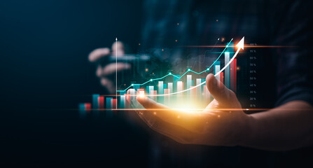 Digital online marketing, Businessman using mobile phone to analyze sales data and Economic growth...