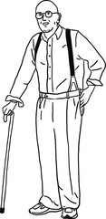 Old man with walking stick Senior lifestyle Hand drawn line art Illustration