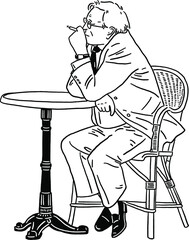 Old man smoking cigarette in Cafe Senior lifestyle Hand drawn line art Illustration