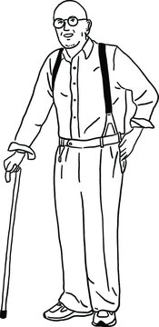 recommend clip art: Old man with walking stick Senior lifestyle Hand drawn line art Illustration