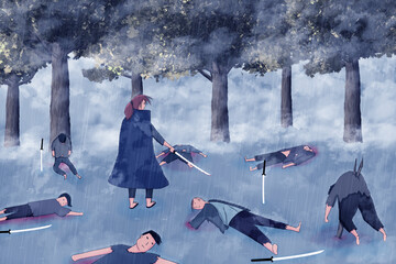 Fototapeta premium A lone Ronin who fights defeats a group of bandits during heavy rain. Digital art style. illustration painting
