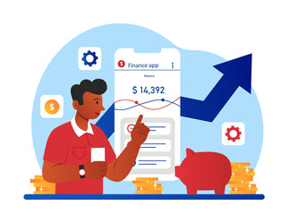 Man with finance app. Guy analyzes expenses and incomes, evaluates graphs and charts. Financial literacy and family budgeting program. Online banking operations. Cartoon flat vector illustration