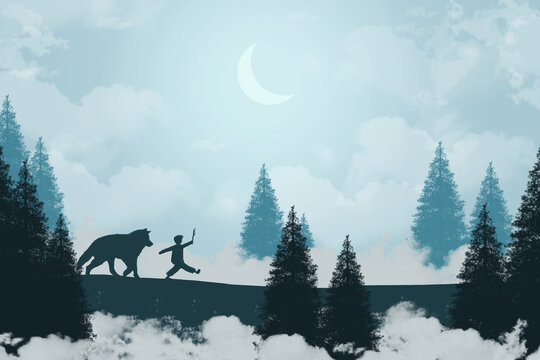 A boy and a wolf take a walk in the forest at night. The crescent moon in the sky shines beautifully. Digital art style. illustration painting