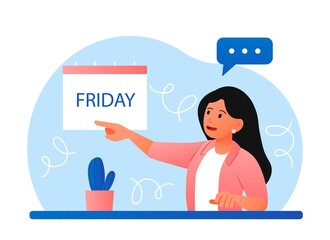 Its friday concept. Young woman points her finger at calendar, employee or worker rejoices at end of working week. Young girl waiting for weekend, rest and relax. Cartoon flat vector illustration