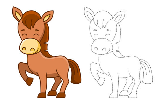 Farm animal for children coloring book. Vector illustration of funny horse in a cartoon style. Trace the dots and color the picture