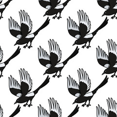 Cute cartoon magpie doodles seamless border pattern. Crow or bird vector repeatable background texture tile. Cozy template of stock print for wrapping design, wallpaper