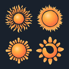 Sun symbol set. Yellow and orange suns design. Vector illustration.