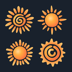 Sun symbol set. Yellow and orange suns design. Vector illustration.