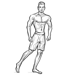 Fitness men posing. Muscular man stands, rippling athlete, sprinter. Vector drawing
