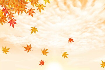 秋の夕焼けにうろこ雲ー映える紅葉と舞い落ちる秋の葉っぱの美しい壁紙イラスト素材
