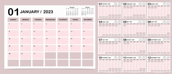 2023 table calendar week start on Sunday with color that use for vertical digital and printable