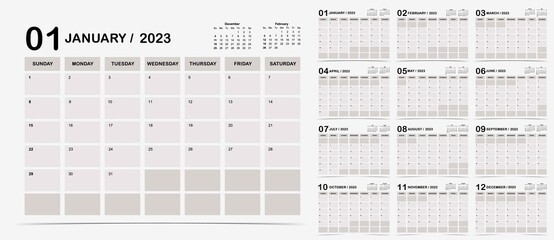 2023 table calendar week start on Sunday with color that use for vertical digital and printable