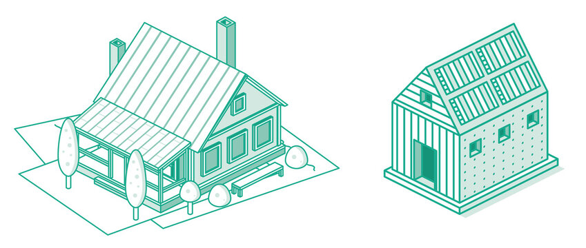 isometric green houses, trees, bench, and chimney clip art preview