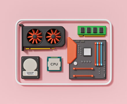 cartoon style simple computer components set. computer hardware accessories parts. motherboard, ram, cpu, graphics card and Hdd storage. 3d rendering