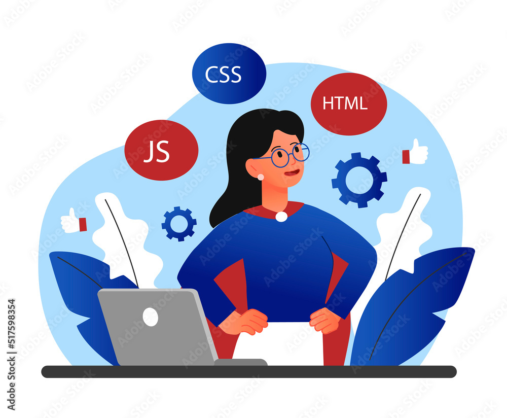 Poster concept of programming skills. woman in superhero cape stands near laptop, character knows many prog