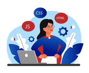 Concept of programming skills. Woman in superhero cape stands near laptop, character knows many programming languages. Application, software development and coding. Cartoon flat vector illustration