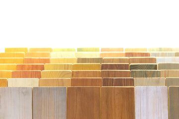 wood bars covered with multi-colored enamel, samples of paint and varnish coatings in a building...