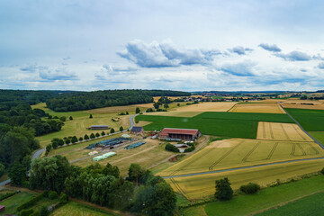 Landscape in Germany in summer from above. Top view. Nature, forests, fields.