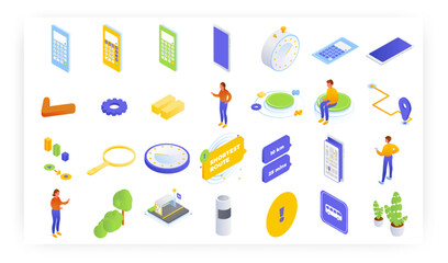 Online route planner and calculator, vector isometric icon set. Find the shortest or the fastest path distance on mobile