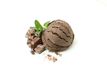 Chocolate ice cream on white background, close up