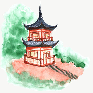 Traditional Japanese buildings. House in Asia park.landscape with stones, green trees, bushes, red maples and a traditional building hand drawn in watercolor.