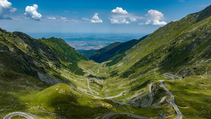 Winding road from above, aerial view of transfagarasan road, romania