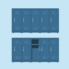 Blue metal Lockers. Lockers in school or gym with silver handles and locks. Safe box with doors, cupboard.
