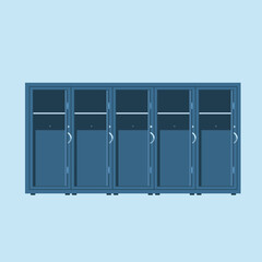 Blue metal Lockers. Lockers in school or gym with silver handles and locks. Empty safe box with doors open, cupboard.