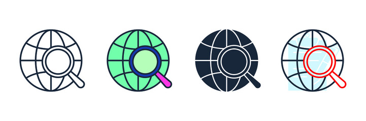 global data icon logo vector illustration. globe with magnifying glass symbol template for graphic and web design collection