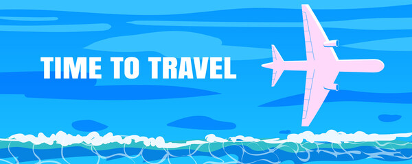 Time To Travel Flight Banner. Airplane silhouette on blue water surf