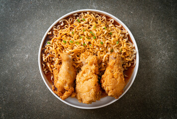 Korean instant noodles with fried chicken or Fried chicken ramyeon