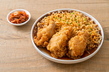 Korean instant noodles with fried chicken or Fried chicken ramyeon