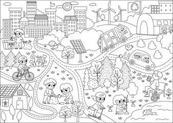 Vector black and white eco city scene. Ecological town line landscape with alternative transport, energy concept. Green city illustration with children caring of environment. Earth day coloring page.