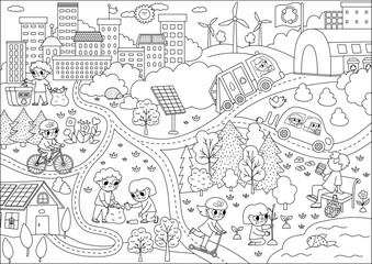 Fototapeta premium Vector black and white eco city scene. Ecological town line landscape with alternative transport, energy concept. Green city illustration with children caring of environment. Earth day coloring page.