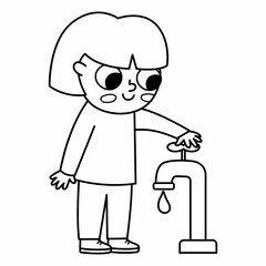 Black and white girl saving water icon. Cute line eco friendly kid. Child turning of the water tap. Earth day or healthy lifestyle concept or coloring page.